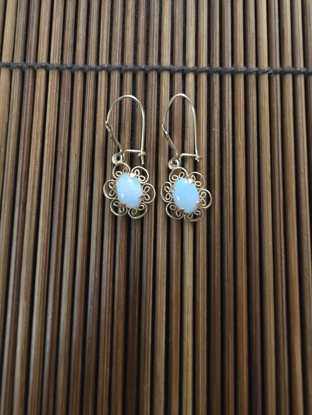 14k Opal Filigree Yellow Gold Dangle Earrings (Vintage)